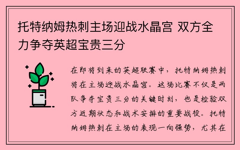 托特纳姆热刺主场迎战水晶宫 双方全力争夺英超宝贵三分